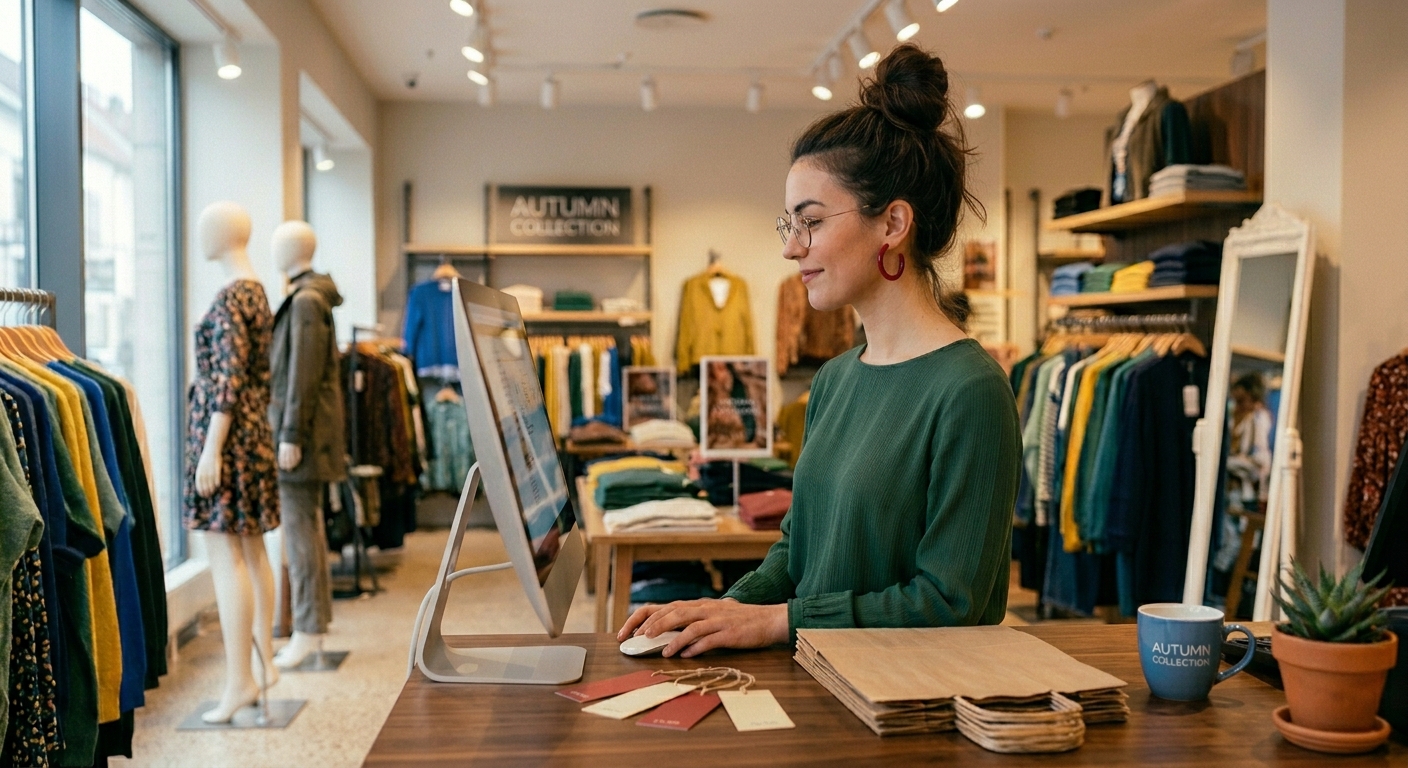 Administradora da boutique trabalhando no computador da loja