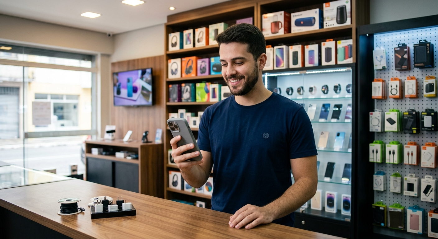 Vendedor confere o celular sorrindo após receber a confirmação do Pix no balcão